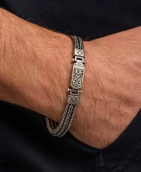 Gümüş Oksitli Desenli Erkek Bileklik