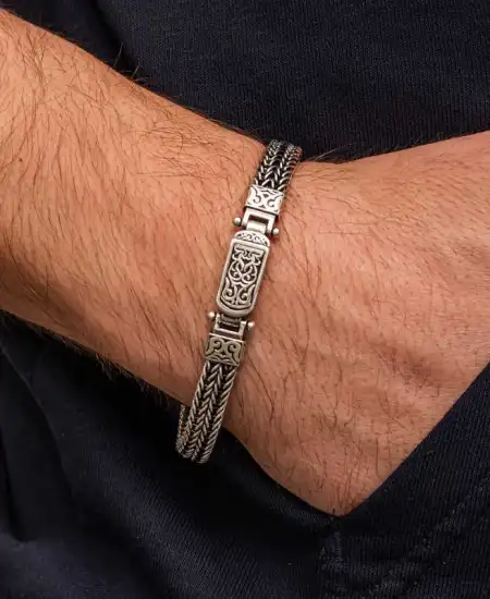 Gümüş Oksitli Desenli Erkek Bileklik