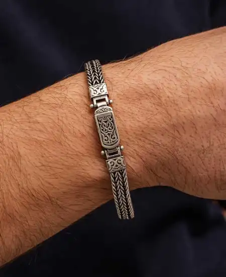 Gümüş Oksitli Desenli Erkek Bileklik