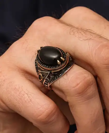 Gümüş Oniks Taşlı Erkek Yüzük