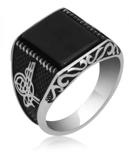 Gümüş Oniks Taşlı Tuğra Erkek Yüzük