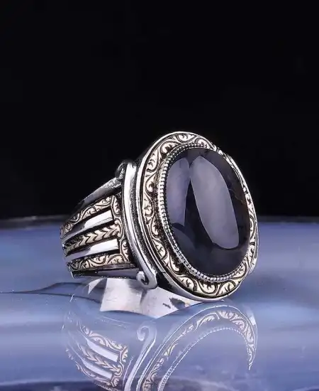 Gümüş Onix Taşlı Oval Erkek Yüzük