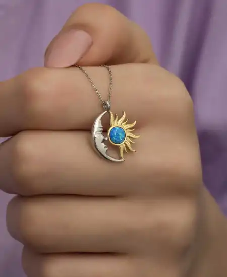 Gümüş Opal Mavi Taşlı Ay Güneş Kadın Kolye