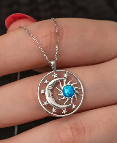 Gümüş Opal Mavi Taşlı Ay Güneş Kadın Kolye