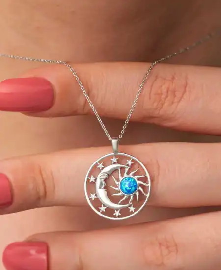 Gümüş Opal Mavi Taşlı Ay Güneş Kadın Kolye