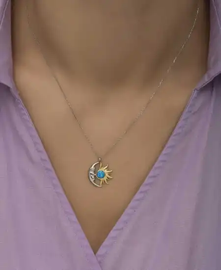 Gümüş Opal Mavi Taşlı Ay Güneş Kadın Kolye