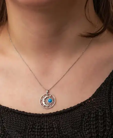 Gümüş Opal Mavi Taşlı Ay Güneş Kadın Kolye