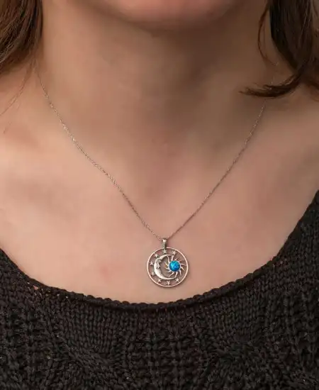 Gümüş Opal Mavi Taşlı Ay Güneş Kadın Kolye