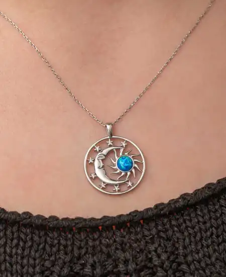 Gümüş Opal Mavi Taşlı Ay Güneş Kadın Kolye