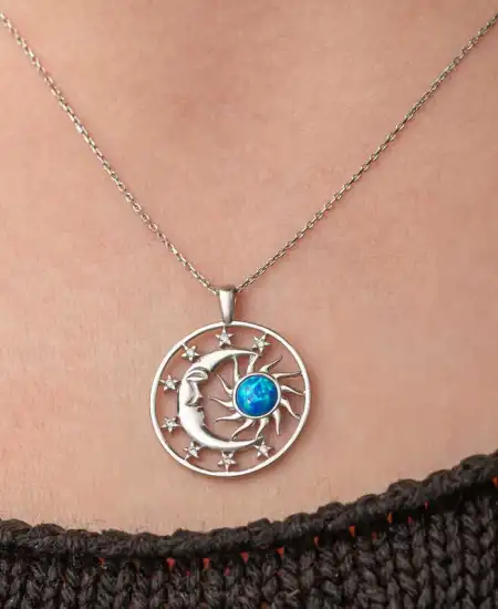 Gümüş Opal Mavi Taşlı Ay Güneş Kadın Kolye