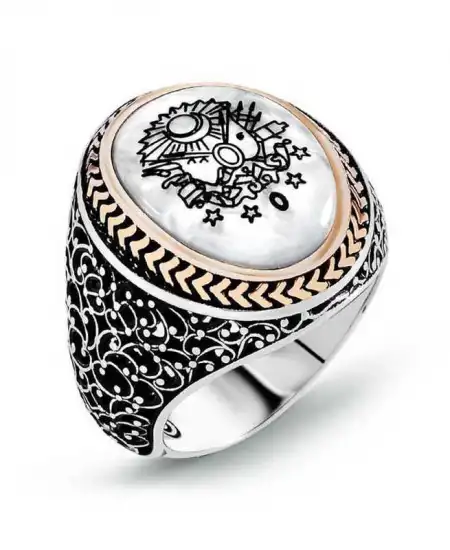 Gümüş Osmanlı Devlet Armalı Sedef Erkek Yüzük