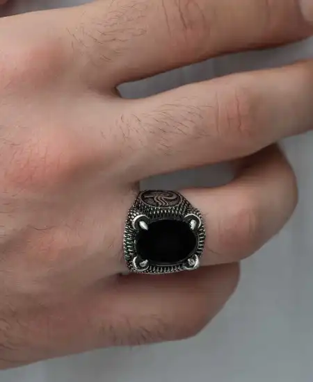 Gümüş Osmanlı Tuğra Armalı Pençe Erkek Yüzük