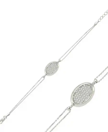 Gümüş Oval Beyaz Taşlı Bayan Bileklik