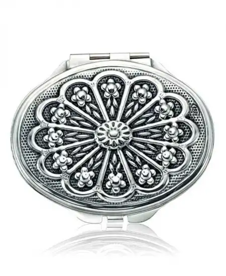 Gümüş Papatya Motifli Kapaklı Oval El Aynası