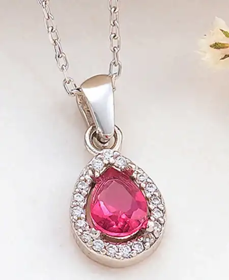 Gümüş Pembe Damla Zirkon Taşlı Kadın Kolye