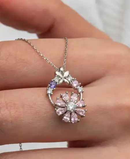 Gümüş Pembe Dönen Çiçek Kadın Kolye