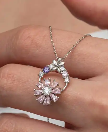 Gümüş Pembe Dönen Çiçek Kadın Kolye