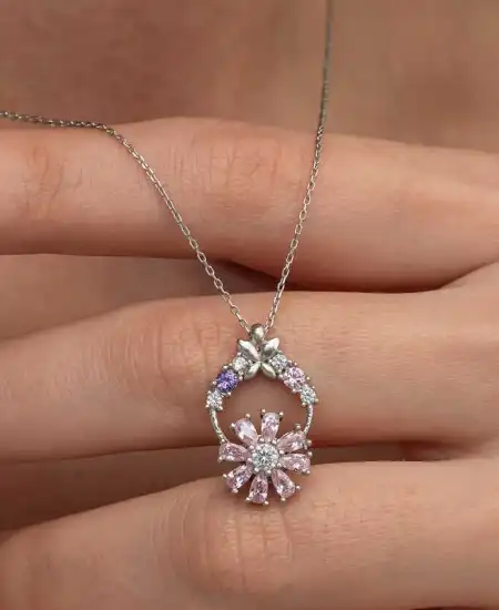 Gümüş Pembe Dönen Çiçek Kadın Kolye
