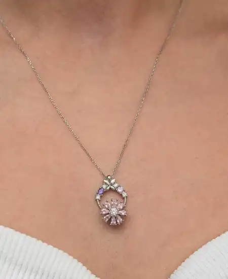 Gümüş Pembe Dönen Çiçek Kadın Kolye