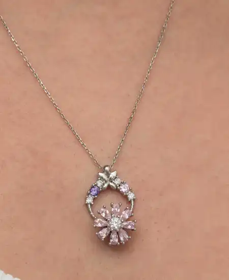 Gümüş Pembe Dönen Çiçek Kadın Kolye
