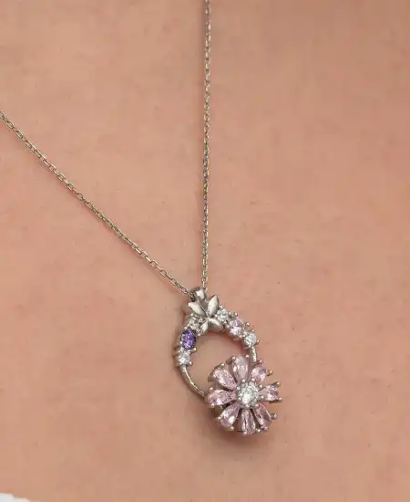 Gümüş Pembe Dönen Çiçek Kadın Kolye