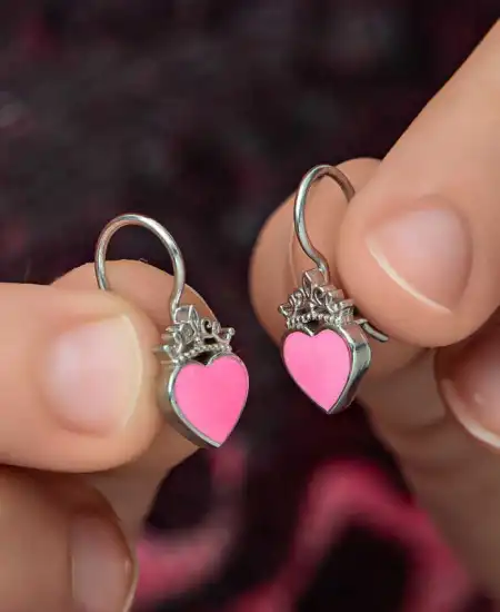 Gümüş Pembe Kalp Sallantılı Çocuk Küpe