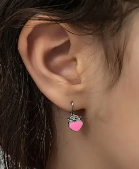 Gümüş Pembe Kalp Sallantılı Çocuk Küpe