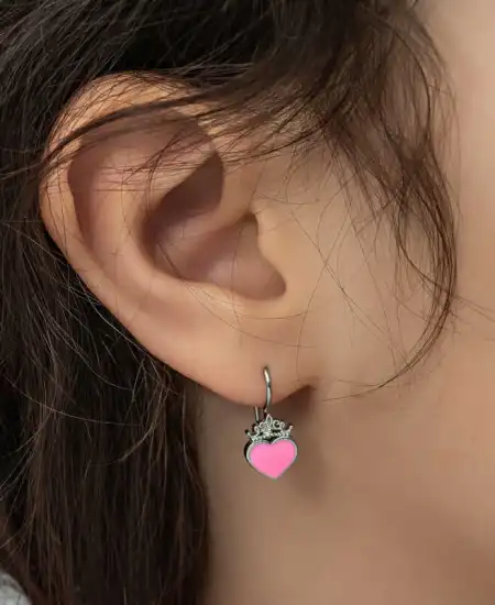 Gümüş Pembe Kalp Sallantılı Çocuk Küpe