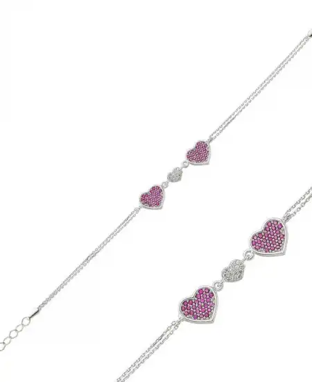 Gümüş Pembe Kalpli Bayan Bileklik