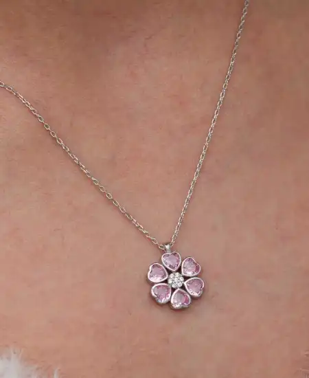 Gümüş Pembe Kalpli Çiçek Kadın Kolye