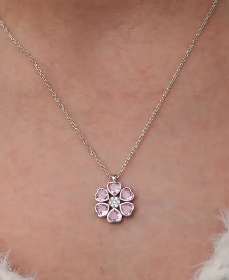 Gümüş Pembe Kalpli Çiçek Kadın Kolye