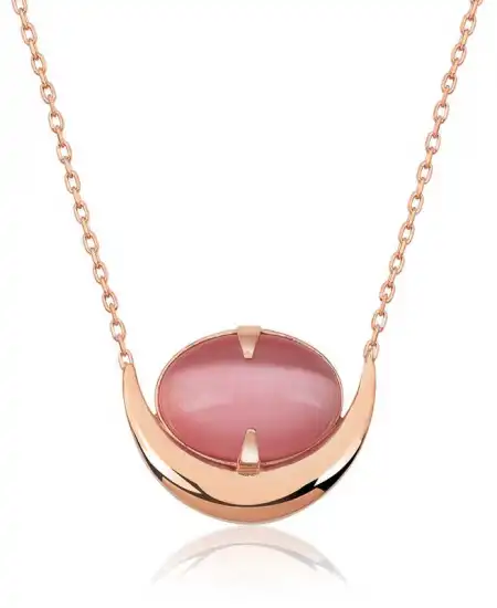 Gümüş Pembe Kedi Gözü Taşlı Hilal Kolye