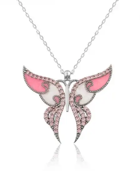 Gümüş Pembe Kelebek Kolye