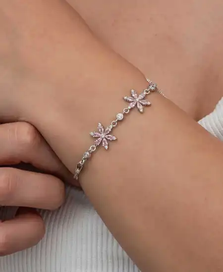 Gümüş Pembe Lotus Çiçeği Kadın Bileklik