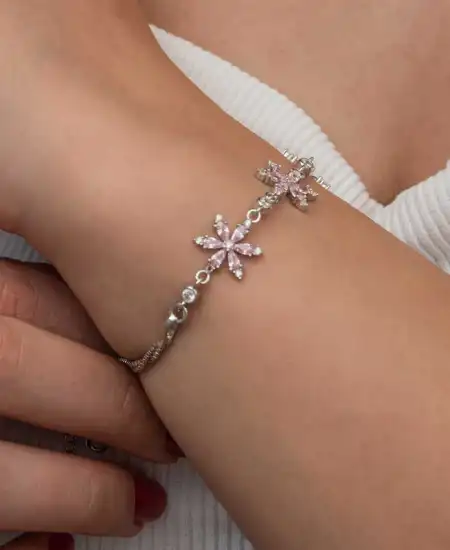 Gümüş Pembe Lotus Çiçeği Kadın Bileklik