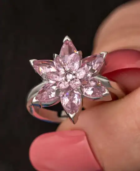 Gümüş Pembe Lotus Çiçeği Kadın Yüzük