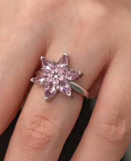Gümüş Pembe Lotus Çiçeği Kadın Yüzük