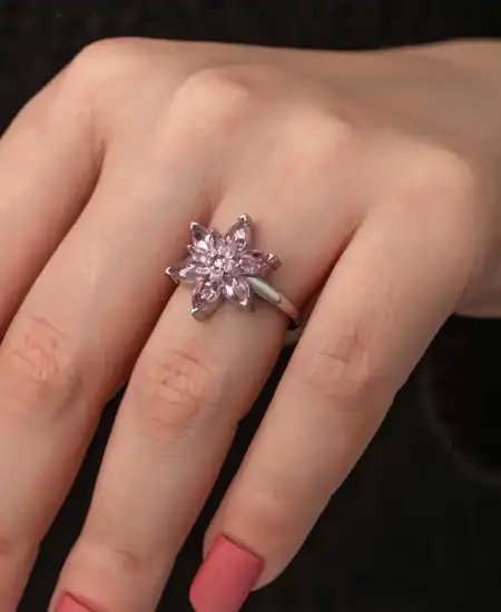 Gümüş Pembe Lotus Çiçeği Kadın Yüzük