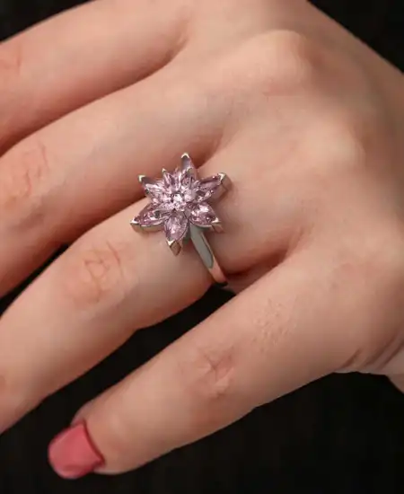 Gümüş Pembe Lotus Çiçeği Kadın Yüzük