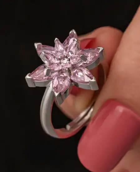 Gümüş Pembe Lotus Çiçeği Kadın Yüzük