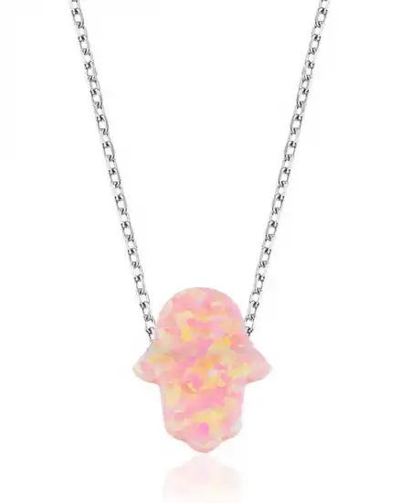 Gümüş Pembe Opal Fatma Ana Eli Bayan Kolye