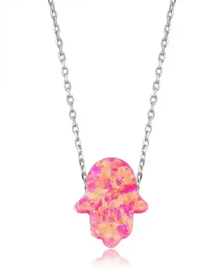 Gümüş Pembe Opal Fatma Eli Bayan Kolye