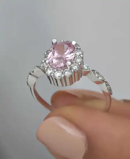 Gümüş Pembe Oval Taşlı Kadın Yüzük