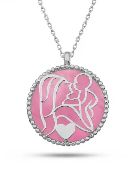 Gümüş Pembe Sedef Taşlı Anne Çocuk Sevgisi Kolye