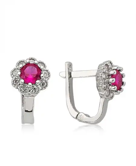 Gümüş Pembe Taşlı Çiçek Küpe