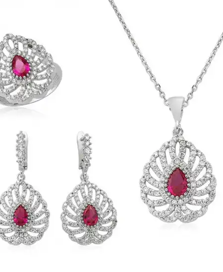 Gümüş Pembe Taşlı Damla Bayan Set