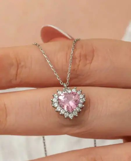 Gümüş Pembe Taşlı Kalp Kadın Kolye