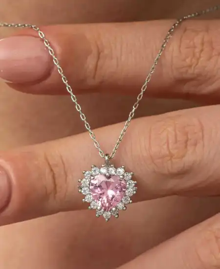 Gümüş Pembe Taşlı Kalp Kadın Kolye
