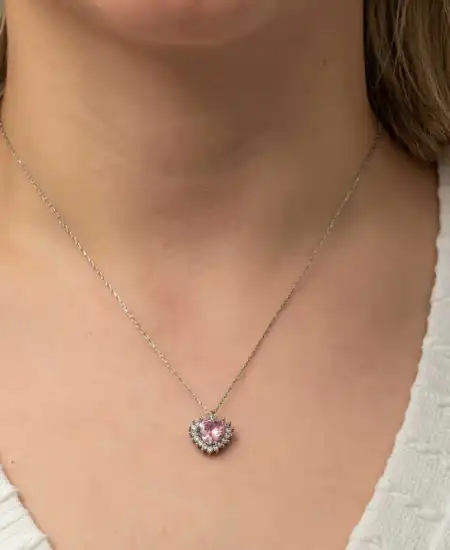 Gümüş Pembe Taşlı Kalp Kadın Kolye