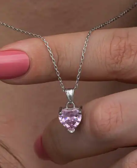 Gümüş Pembe Taşlı Kalpli Kadın Kolye